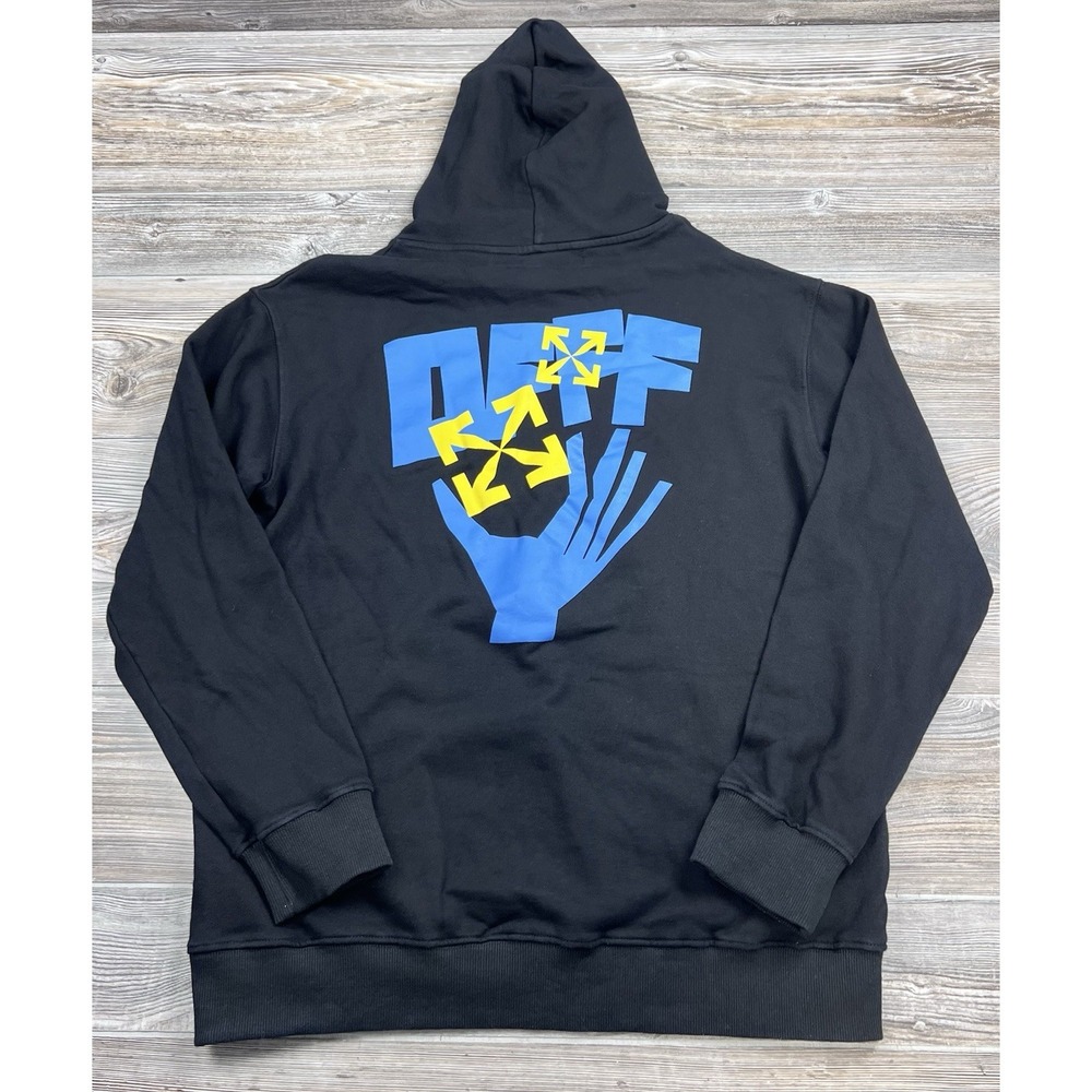OFF-WHITE Virgil Abloh Black Hoodie Arrows Hands Logo Yellow/Blue Streetwear